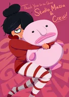 bed blobfish blobfish_plush drawing frown headphones hug looking_at_viewer maya meta:general_fanart text // 2480x3508 // 368KB