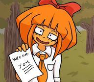 artist:plasternaut blue_eyes bow edit english_text freckles grass holding_object leaf leaves leaves_on_the_ground meta:general_fanart mymy open_mouth orange_hair rape_list text tie tree // 842x731 // 623KB