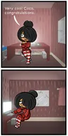 bed black_hair chair comic computer computer_keyboard computer_monitor computer_mouse computer_tower curtain curtains english_text green_eyes hair_bun hair_covering_eye hair_over_eye hair_over_eye_(maya) maya maya's_room meta:general_fanart mirror no_chair pillow power_strip sleeveless_undershirt text thigh_highs undershirt unknown_artist wifebeater // 1297x2556 // 1.1MB