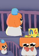 alphabet_block alphabet_blocks bed big_eyes binky bow crib freckles hat looking_at_self looking_down looking_right looking_up meta:rijkskunst mymy orange_hair text variant:agugu // 1387x2012 // 821KB
