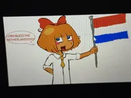 artist:glitteryhooves blue_eyes bow dutch_flag english_text freckles meta:general_fanart mymy orange_hair tie white_void // 2048x1536 // 352KB
