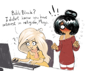 :< >: bible_black black_hair blond_haar blonde_hair blush blushing coco computer computer_keyboard computer_mouse computer_tower confused desk english hair_bun maya meta:general_fanart necklace nederlandse_tekst nervous question_mark question_marks sweating text undershirt unknown_artist white_void zwart_haar // 1750x1319 // 1.8MB