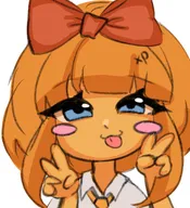 artist:xai blue_eyes bow meta:general_fanart mymy orange_hair peace_sign_(hand) tie tongue_out victory_sign white_void xp // 1837x2017 // 240KB