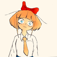 artist:axofcruelty blue_eyes blush bow freckles meta:general_fanart mymy orange_hair skirt tie white_void // 1080x1080 // 406KB