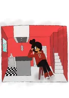 artist:strawberry black_hair bored checkerboard_tile checkerboard_tiling door green_eyes hoodie light maya meta:general_fanart shoe stairs stoel stool window // 1448x2048 // 170KB