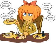 austin_powers blintz blue_eyes bong bow chain chair cigar cigarette crepe cr&ecirc;pe dfc drawing english_text flapjack freckles goldmember meta:general_fanart mymy niggerwiggle orange_hair orange_skin outfit parody pipe plate plates question_mark question_marks raised_eyebrow text waffle white_void // 1079x829 // 381KB