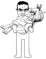arm blush boots bowtie closed_mouth collared_shirt eyelashes full_body glasses hair holding_object meta:rijkskunst monochrome mymy nose ongezellig sketch skirt smile soyjak subvariant:chudjak_front variant:chudjak wholesome // 842x1075 // 32KB