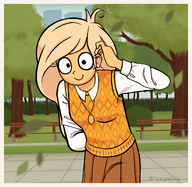argyle argyle_sweater_vest Artist:1azy_zelig bench blonde_hair blouse brown_hair building coco ear fence grass hair_down hand leaf leaves meta:general_fanart necklace park skirt street sweater_vest tree trees vest // 1790x1743 // 2.6MB