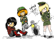 artist:fantomas belt black_hair blonde_hair coco exclamation_mark hat hoodie maya meta:general_fanart motorcycle mymy orange_hair question_mark ripped_jeans skirt text white_void // 966x691 // 86KB