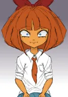 :| artist:yearnforblood blue_eyes bow freckles hands_on_lap meta:general_fanart mymy orange_hair skirt tie white_void // 1504x2160 // 326KB