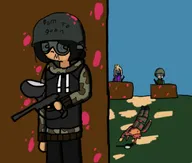 3: artist:patsharpie black_hair blonde_hair bow english_text goggles gun helm helmet mask maya meta:general_fanart mymy orange_hair paint partially_dyed_hair text yfke ZMTFU // 1123x956 // 64KB