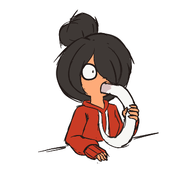 black_hair chewing_on_clothes comically_large fidgeting hair_bun hair_covering_eye hair_over_eye hair_over_eye_(maya) hand holding holding_object hoodie maya meta:general_fanart noming_on_hoodie_strings oral_fixation unknown_artist white_void // 361x333 // 32KB