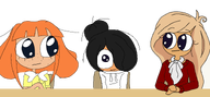 black_hair blond_haar blonde_hair bow coco desk freckles hair_bun hoodie hoodie_strings looking_at_viewer looking_forward looking_left looking_right maya mymy no_background orange_hair oranje_haar shirt_pocket soya soyco subvariant:soya subvariant:soyco variant:soya variant:soyco variant:soymy zwart_haar // 1488x692 // 191KB