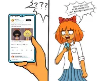 angry anime_girl black_or_chinese blank_background blue_eyes bow english_text fist freckles meta:general_fanart mymy orange_hair phone pilgrim question_mark raceswap single_color_background single_colour_background skirt speaking speech_bubble text tie twitter white_background xitter yelling // 2592x2160 // 300KB