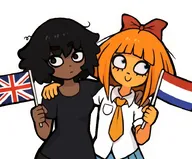 artist:worldly_value_2344 black_skin blue_eyes bow british_flag dutch_flag flag flag:netherlands flag:united_kingdom flags freckles holding_flags meta:general_fanart mymy nigger occoal orange_hair shirt skirt smile t-shirt tie union_jack white_void yuricoal // 736x609 // 38KB