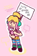 artist:goodguyegg blonde_hair english_text frisian_thigh_highs hair headphones meta:general_fanart parody partially_dyed_hair peanuts_(series) signs skirt sleeveless_undershirt smile tanktop text undershirt wifebeater yfke // 1033x1558 // 122KB