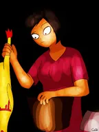 artist:vtcric bag black_background black_hair curious dark meta:general_fanart raised_eyebrow rubber_chicken soei // 1536x2048 // 165KB