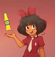 artist:fabz_rc black_hair bottle bow brown_eyes coke japanese_mymy meta:general_fanart mymy pop single_color_background single_colour_background soda sodapop text tie // 2130x2200 // 342KB