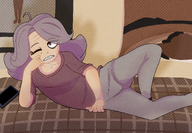 bed cigarette grey_eyes hag laying_on_side lollipop meta:rijkskunst one_eye_closed pants phone poster purple_hair shirt vera winking // 2947x2048 // 11MB