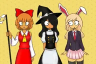 artist:nettieruru black_hair blonde_hair blue_eyes bow coco freckles hat maya mymy orange_hair rabbit_ears skirt touhou witch_hat // 2048x1365 // 441KB