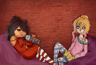 artist:huwabag beanbag_chair blonde_hair blue_eyes brick brick_wall bricks brown_hair drugs frisian_thigh_highs galaxy_gas galaxy_gax green_eyes gun maya meta:rijkskunst partially_dyed_hair smoke wifebeater yfke // 1600x1080 // 1.8MB