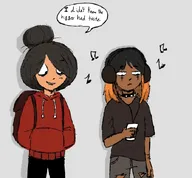 backpack black_hair brown_hair bruin_haar choker cleo dialogue dialoog engelse_tekst english_text gedeeltelijk_geverfd_haar gescheurde_kleding gescheurde_spijkerbroek grey_background headphones hoodie koptelefoon maya meta:general_fanart musical_note musical_notes muzieknoot muzieknoten partially_dyed_hair phone ripped_clothing ripped_jeans rugzak schaduw schaduwen shadow shadows shirt single_color_background single_colour_background speech_bubble spraakballon tekst tekstballon telefoon text text_bubble zwart_haar // 700x650 // 157KB