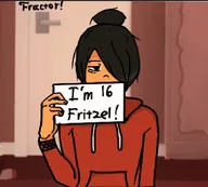 artist:fractor bag_under_eye black_hair brown_hair door dresser english_text exclamation_mark eye_bag hair_bun hair_covering_eye hair_over_eye hair_over_eye_(maya) hoodie looking_at_viewer maya meta:general_fanart sign sock text // 1401x1266 // 228KB
