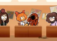 artist:hierbadekato bow english_text fighting goof hoodie map maya meta:general_fanart mymy pulling_on_clothes redraw surprised text tie zoey // 1024x742 // 86KB