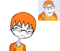 badge blue_pupils disappointed kate_(namefag) ongezellig orange_hair zach // 1280x1090 // 295KB
