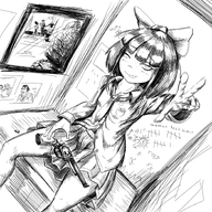 artist:oekakigod black_and_white gun looking_at_viewer meta:rijkskunst mymy niggerwiggle revolver sitting swastika // 1450x1450 // 1.4MB