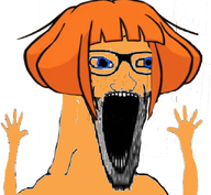 blue_eyes cartoon female glasses hair hand hands_up mymy ongezellig orange_hair orange_skin soyjak stubble subvariant:wewjak transparent_background variant:soyak // 640x591 // 286KB