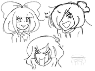 angry artist:mrcarhyla black_and_white bow button buttons coco cry crying english_text exclamation_mark exclamation_marks hair_bun hat maya meta:general_fanart mymy open_mouth sweat sweating text tie white_void Yana // 2732x2048 // 523KB
