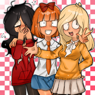 :D blush blushing checkered_background coco drunk maya meta:general_fanart mymy niggerwiggle open_mouth peace_sign peace_sign_(hand) trio unknown_artist // 2000x2000 // 2.1MB