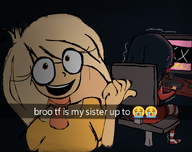 artist:nbveh bbwtag chair coco computer computer_mouse desk keyboard looking_at_viewer maya meta:general_fanart pointing screenshot shaking sitting smiling // 1182x935 // 507KB