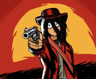 black_hair green_eyes gun hand hat looking_at_viewer maya meta:general_fanart parody point_gun red_dead red_dead_redemption revolver sun unknown_artist // 2470x2029 // 2.1MB