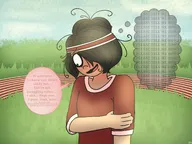 artist:zip blushing cloud clouds ellipsis english_text exclamation_mark exclamation_marks grass green_eyes hair_bun hair_covering_eye hair_over_eye hair_over_eye_(maya) hand_on_arm headband looking_away maya meta:general_fanart nervous open_mouth question_mark question_marks shy sky speech_bubble stuttering text text_bubble text_bubbles thought_bubble track track_field // 2048x1536 // 142KB
