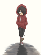 :( artist:nyankot backpack black_hair green_eyes hoodie maya meta:general_fanart walking white_void // 1440x1920 // 1.0MB