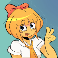 artist:moon blue_eyes blush blushing bow freckles meta:general_fanart mymy orange_hair peace_sign peace_sign_(hand) tie // 3000x3000 // 2.2MB