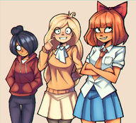artist:m4na black_hair blonde_hair bow coco hoodie maya meta:general_fanart mymy orange_hair skirt tie // 1008x914 // 1.3MB