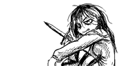 artist:oekakigod holding_object knife looking_at_someone maya meta:rijkskunst no_color oekaki striped_socks // 500x250 // 43KB