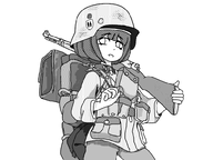 backpack black_and_white drawing gun helmet looking_at_viewer meta:general_fanart mymy outfit rifle smiling soldier ss ss_bolts // 1600x1200 // 112KB