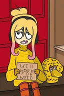 artist:strawberry big_bird_(sesasume_street) blonde_hair blue_eyes braces door english_text headphones meta:general_fanart outside partially_dyed_hair sign stairwell text yfke // 1365x2048 // 267KB