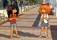 2_mymys angry annoyed artist:mineartzzz Background_picture bench blue_eyes bow brown_eyes crossed_arms flower irl_background looking_at_each_other meiko_tachibana meta:general_fanart mymy orange_hair Photo_as_background rose skirt spain tie // 2048x1434 // 430KB
