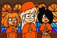black_hair blonde_hair blue_eyes bow brown_eyes closed_mouth coco complex_background cross eyelashes freckles green_eyes hair_bun hair_covering_eye hair_over_eye hair_over_eye_(maya) hat holding_object maya mymy necklaces niggerwiggle no_text open_mouth orange_hair scroll spanish_inquisition trio unknown_artist window windows // 3473x2299 // 1.5MB