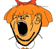 1girl ear freckles gape hair happy impjak mymy mymy_hair niggerwiggle open_eyes open_mouth orange orange_hair orange_skin soyjak stubble teeth tie variant:impish_soyak_ears variant:impjak white_background white_shirt // 992x870 // 31KB