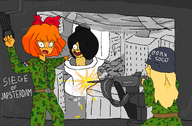 artist:placeholderu247 black_hair blonde_hair blue_eyes bow building buildings bullet bullets camo coco dutch_colors dutch_flag dutch_text english_text gun hair_bun hair_covering_eye hair_over_eye hair_over_eye_(maya) helicopter helmet maya mymy niggerwiggle open_mouth orange_hair skibidi_toilet text toilet voc weapon // 1520x1000 // 81KB