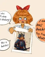Artist:chewing_devil blushing english_text japanese_text meta:general_fanart mymy niggerwiggle pointing samurai sword // 1604x2048 // 320KB