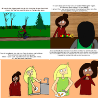 annoy_orange bike blonde_hair brown_eyes coco dutch_text english_text fruit grandpa_lemon grandpa_lemon_(annoy_orange) green_eyes hoodie knife lemon mango maya necklaces plate sink spoon text tree trees // 2048x2046 // 1.6MB