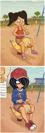 artist:kaslabam black_hair brown_eyes brown_hair cat climbing coco date english_text happy hat maya meta:general_fanart mymy orange_hair paper playground rocker shoe shorts show sweat swing swing_set swinging text tree // 1015x3000 // 871KB