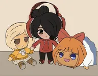 blonde_hair blue_eyes brown_hair coco freckles headphones headset headset_with_mic headset_with_microphone hoodie maya meta:general_fanart mic microphone mymy orange_hair plush plushes plushie skirt unknown_artist // 703x542 // 52KB